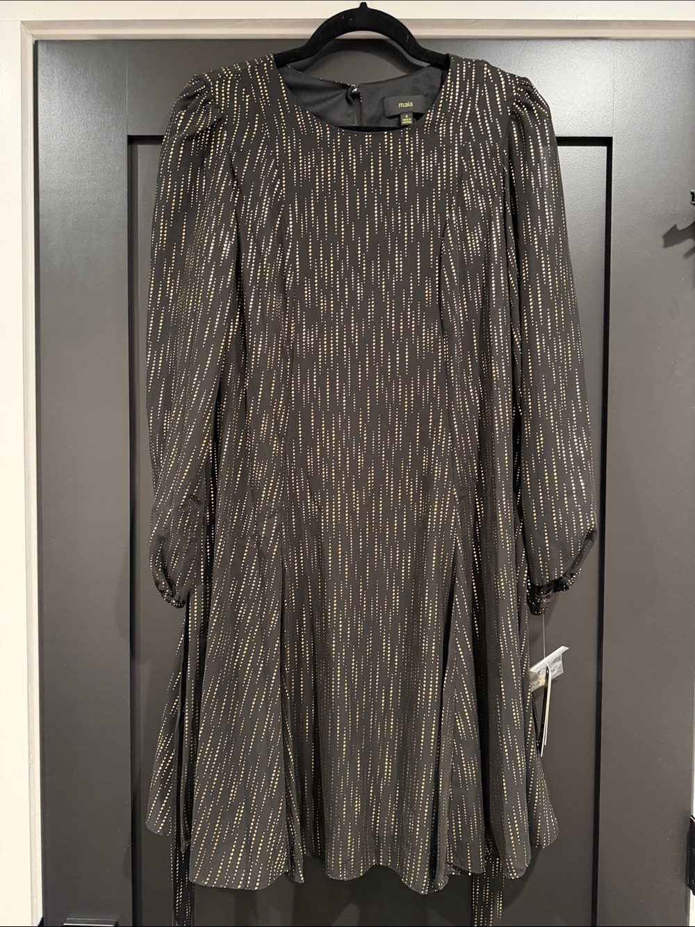 Maia Black Long-Sleeve Midi Dress with Gold Dotted Stripe